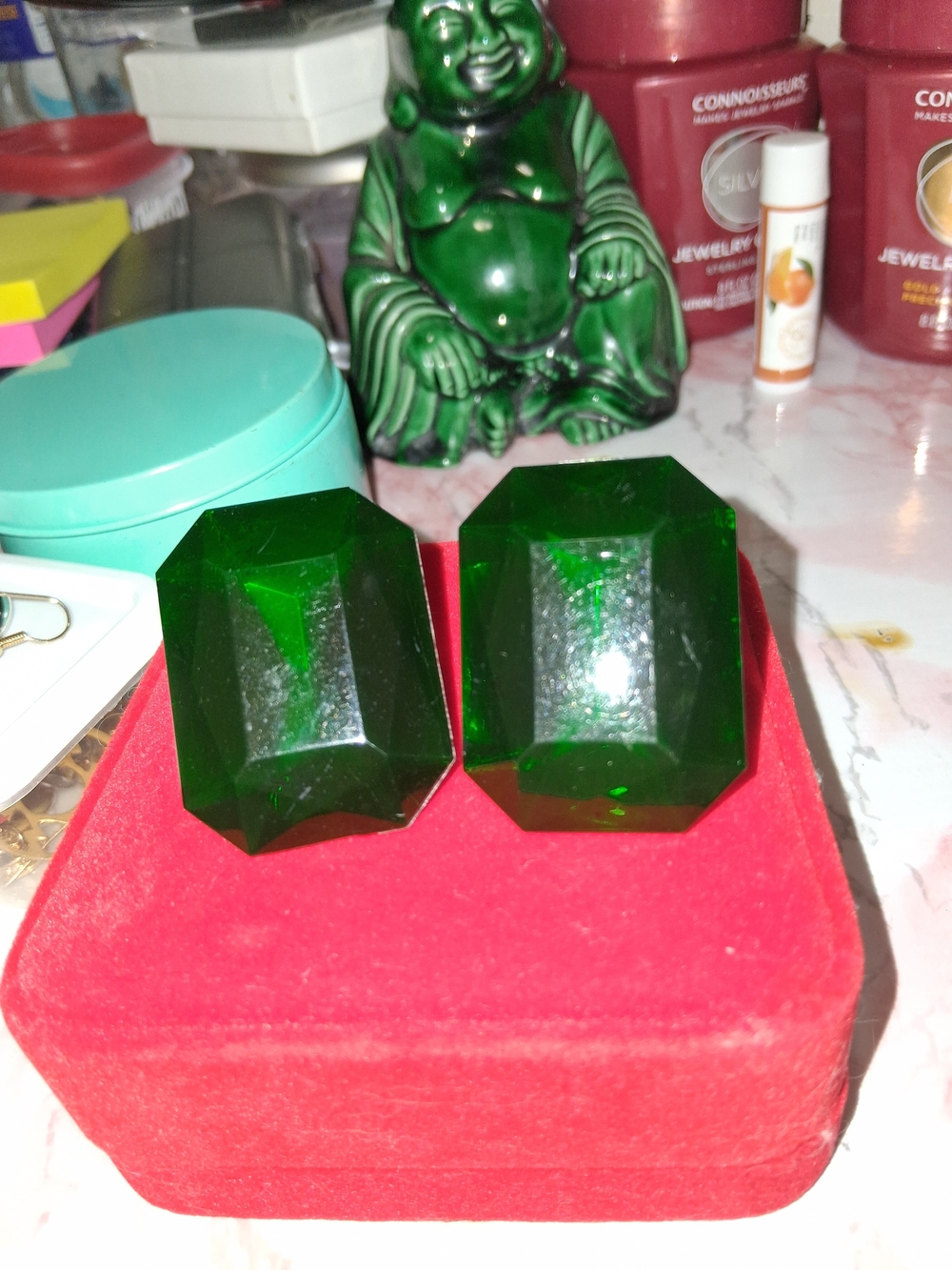 Cip On Pair of Large Faceted Emerald Green Gemstone Cabochons